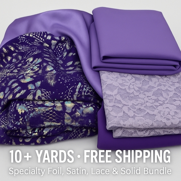 various Other - 10+ Yards Purple Fabric Bundle – Foil Print, Satin, Lace Solid Sewing Quilting